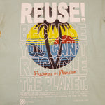 Eco friendly upcycled blue Obey palm trees T-Shirt that says Reuse Because You Can't Recycle The Planet.