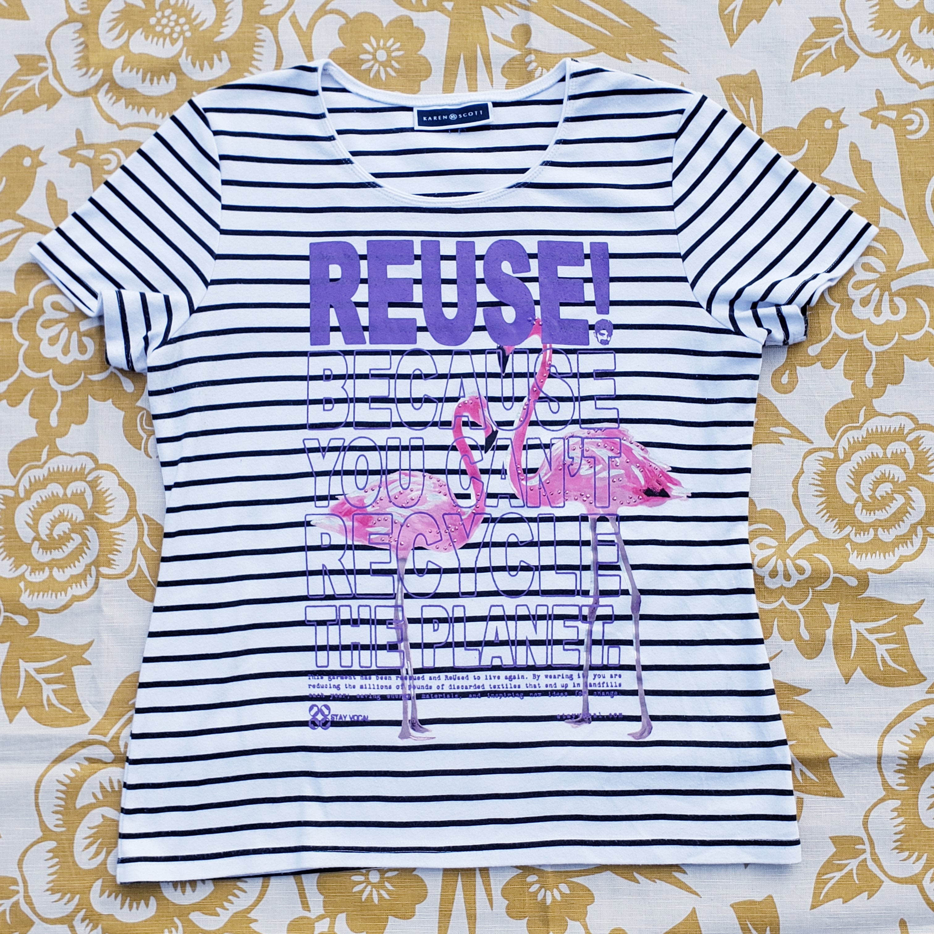 One of a Kind (Women's L) REUSE! Striped Flamingos T-Shirt