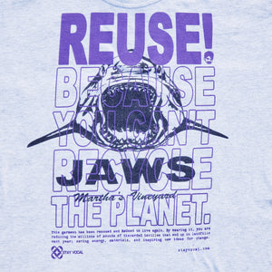 Eco friendly upcycled gray Martha's Vineyard jaws shark T-Shirt that says Reuse Because You Can't Recycle The Planet. 