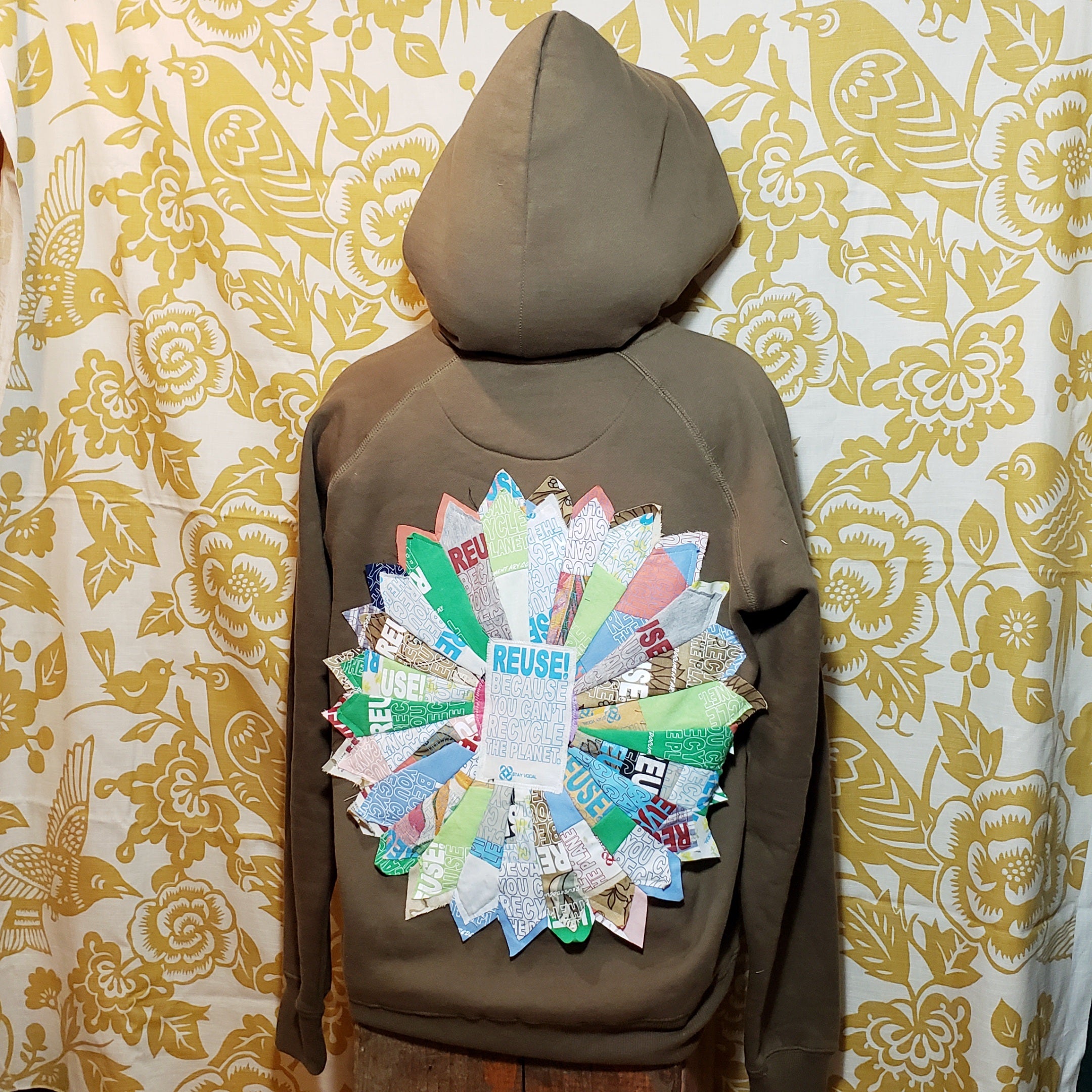 One of a Kind (Men's L) Dropping Seeds Patch Collage Zip Hoodie by Carly Carte