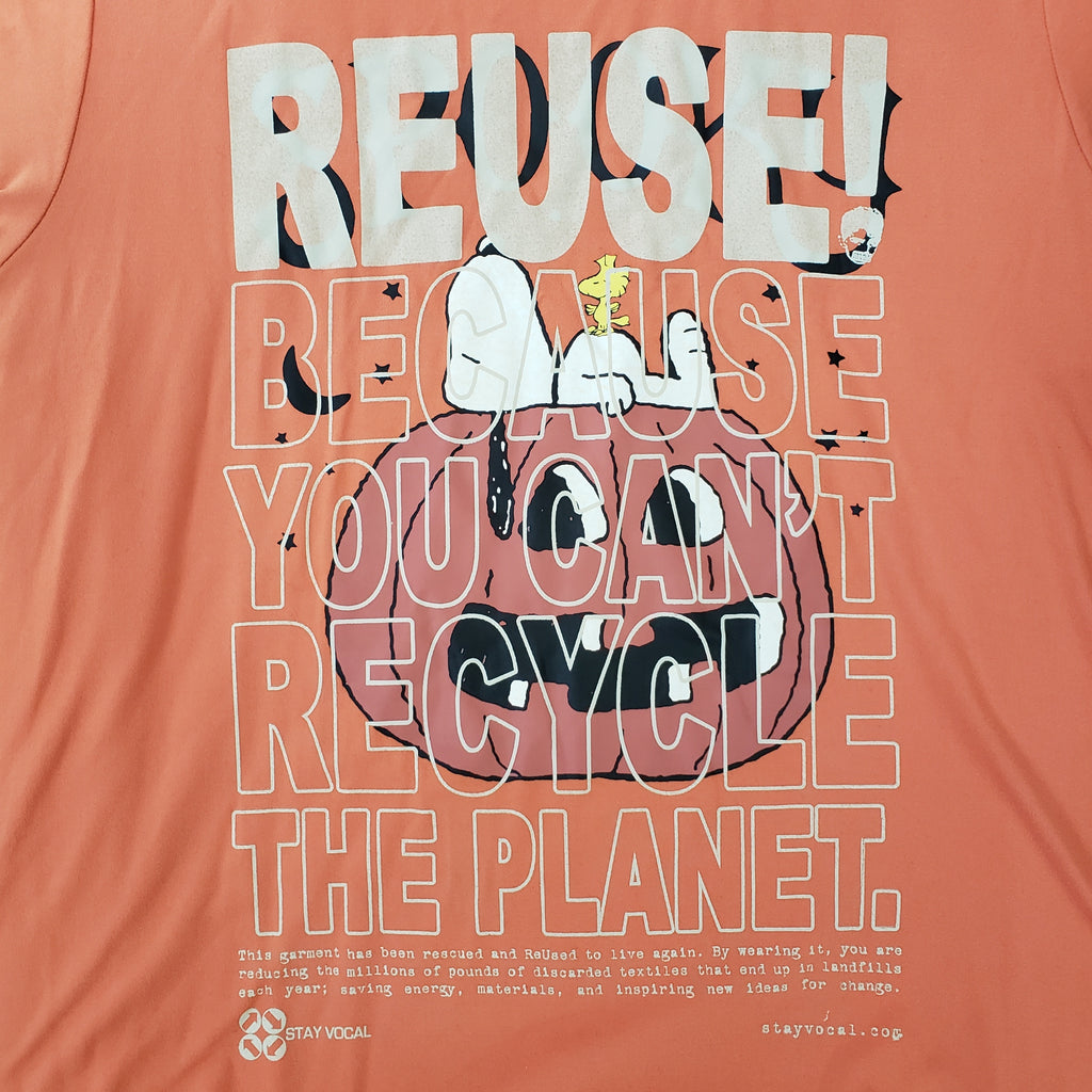 Eco friendly upcycled orange Snoopy on a Pumpkin T-Shirt that says Reuse Because You Can't Recycle The Planet.