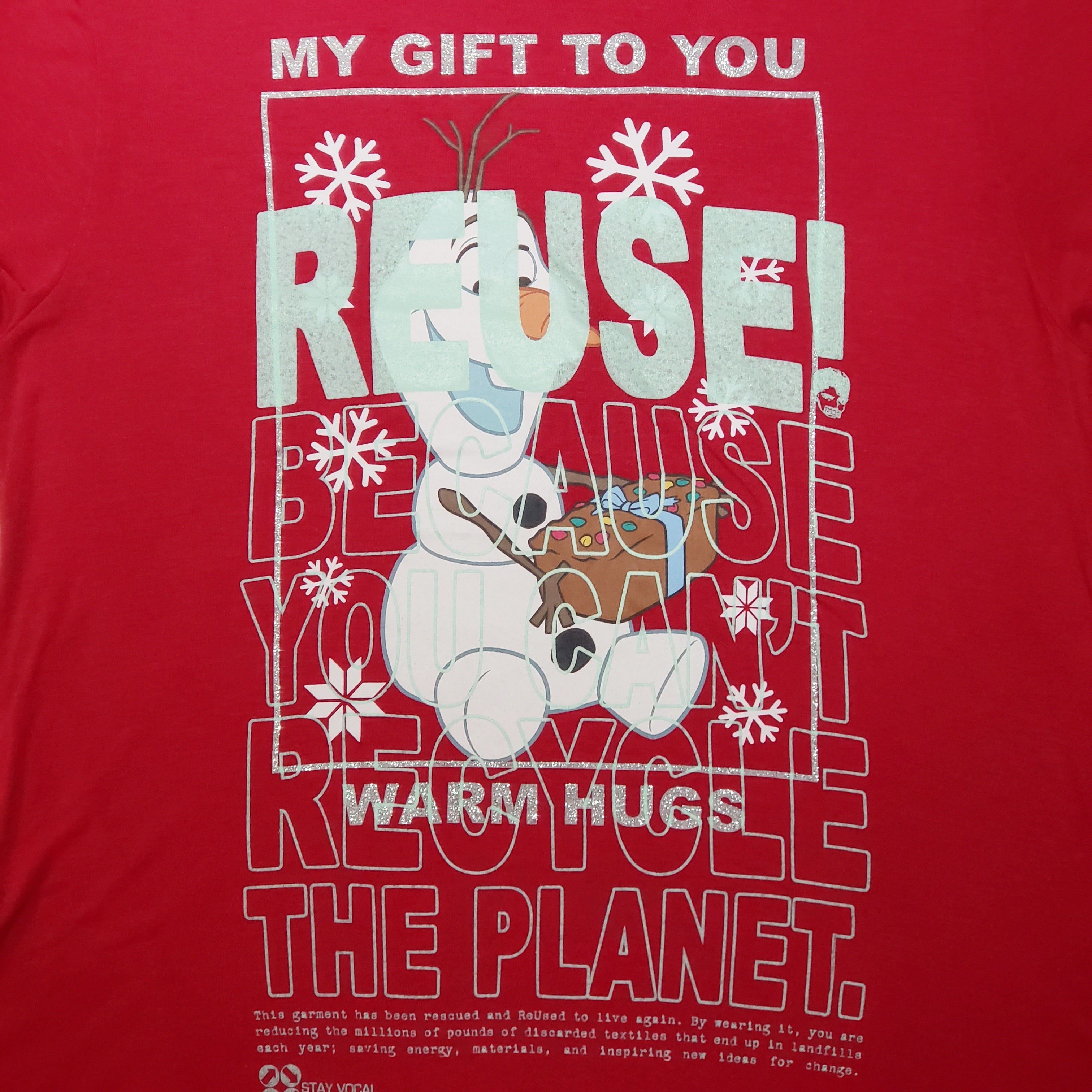 One of a Kind (Women's L) REUSE! Olaf's Warm Hugs T-Shirt