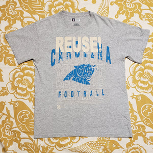 Eco friendly upcycled gray Carolina Panthers football T-Shirt that says Reuse Because You Can't Recycle The Planet.