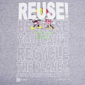 Eco friendly upcycled gray Mickey and Minnie Birthday T-Shirt that says Reuse Because You Can't Recycle The Planet.