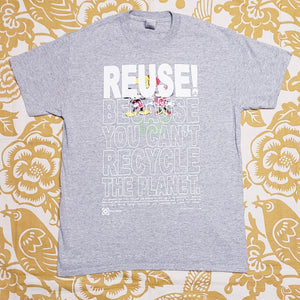 Eco friendly upcycled gray Mickey and Minnie Birthday T-Shirt that says Reuse Because You Can't Recycle The Planet.