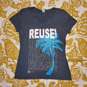 One of a Kind (Women's S) REUSE! Blue Palm Tree V-Neck T-Shirt