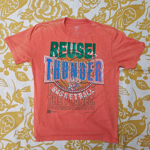 Eco friendly upcycled orange Oklahoma City Thunder T-Shirt that says Reuse Because You Can't Recycle The Planet.