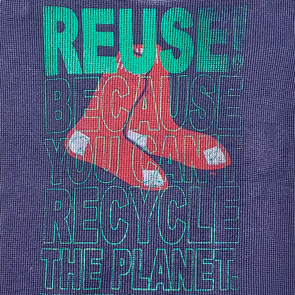 Eco friendly upcycled blue Red Sox thermal shirt that says Reuse Because You Can't Recycle The Planet.