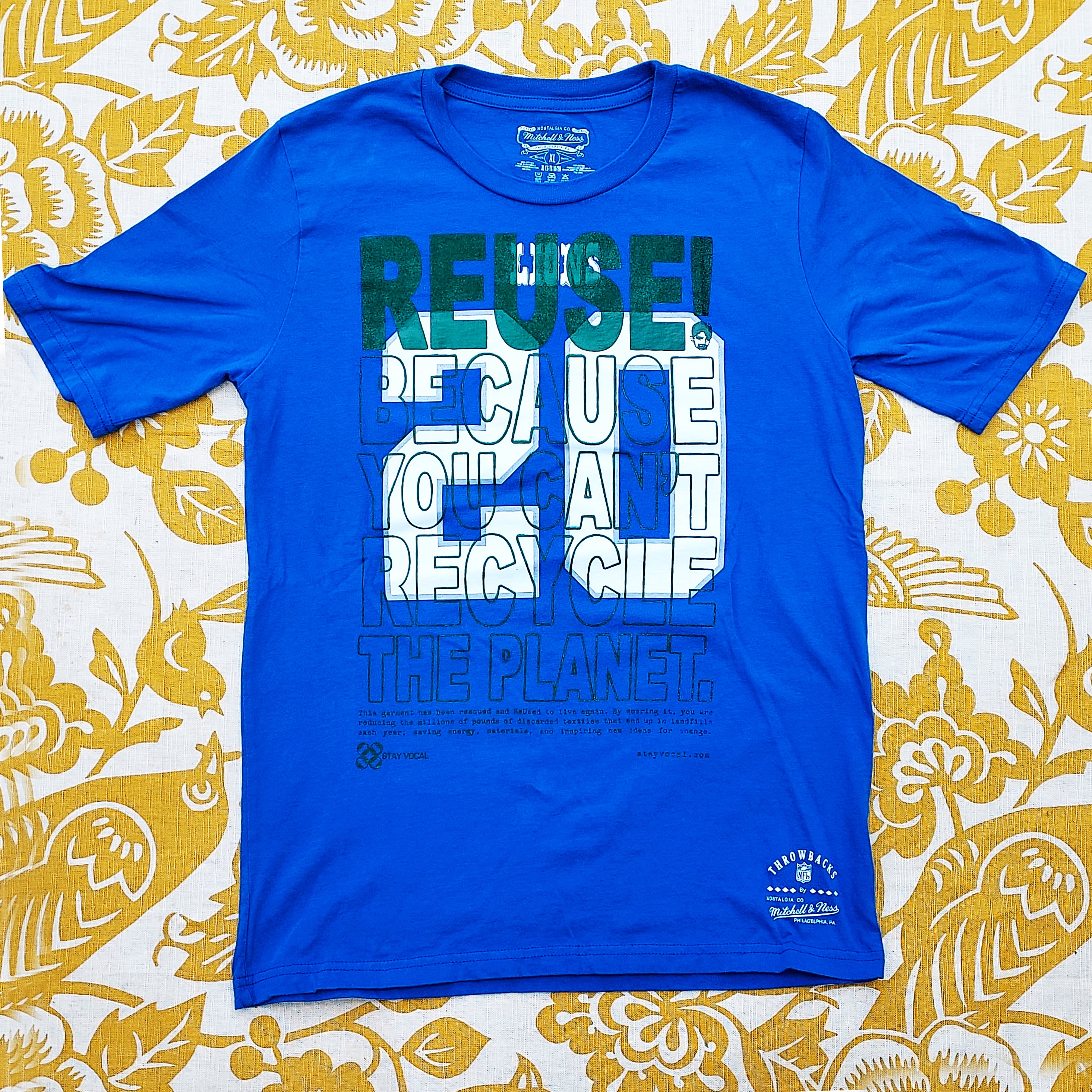 Eco friendly upcycled blue Barry Sanders Lions T-Shirt that says Reuse Because You Can't Recycle The Planet