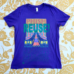 Eco friendly upcycled purple Phish T-Shirt that says Reuse Because You Can't Recycle The Planet.