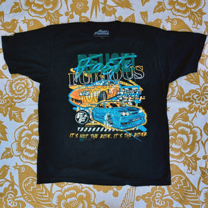 Eco friendly upcycled black Fast & Furious cars T-Shirt that says Reuse Because You Can't Recycle The Planet.