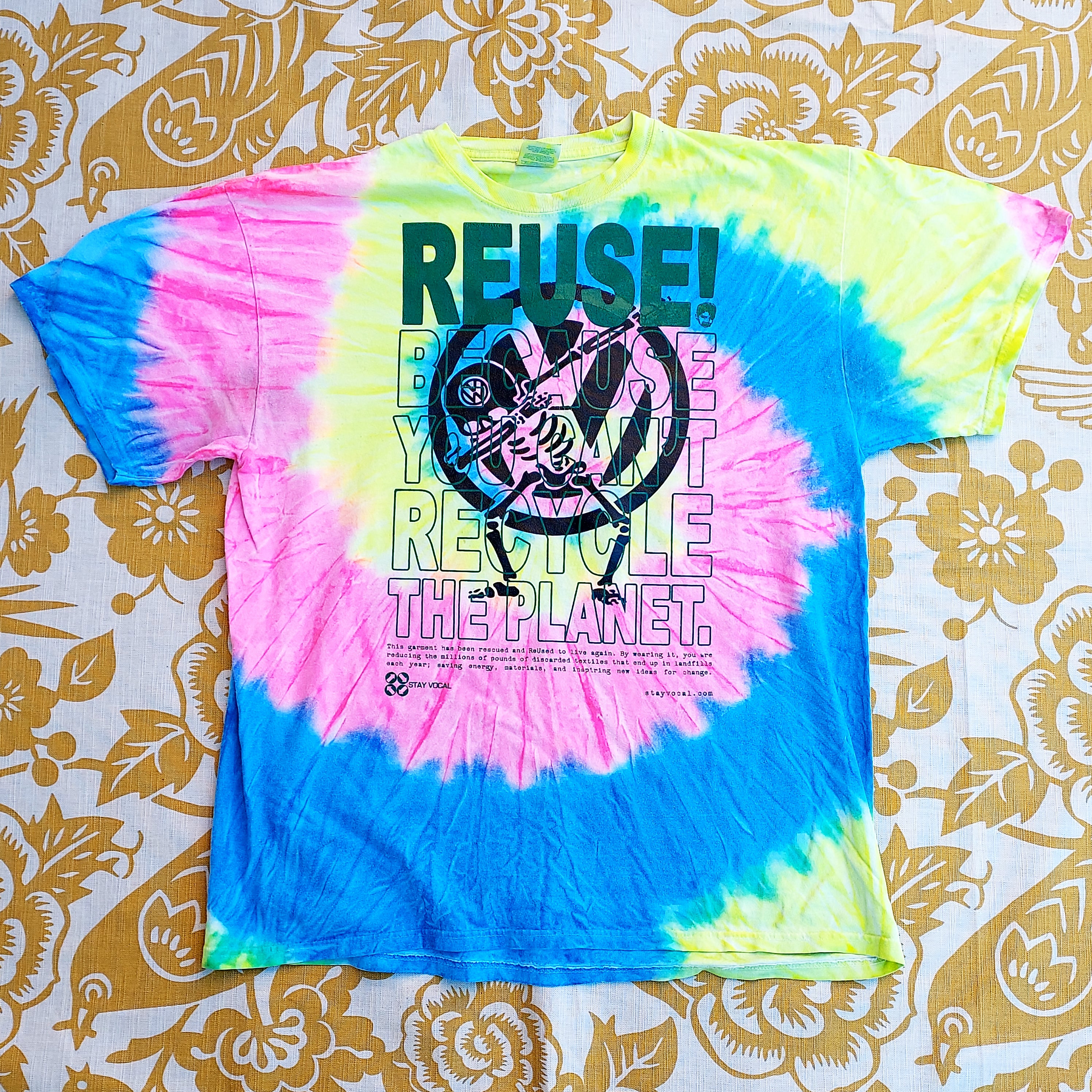 Eco friendly upcycled tie dye dabbing Volkswagen Skeleton T-Shirt that says Reuse Because You Can't Recycle The Planet.