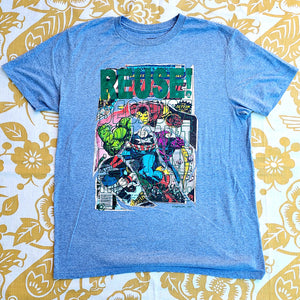 Eco friendly upcycled gray Avengers T-Shirt that says Reuse Because You Can't Recycle The Planet.