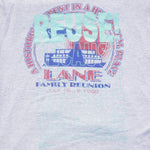 Eco friendly upcycled gray Lane Family Reunion 1998 T-Shirt that says Reuse Because You Can't Recycle The Planet. 