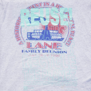 Eco friendly upcycled gray Lane Family Reunion 1998 T-Shirt that says Reuse Because You Can't Recycle The Planet. 