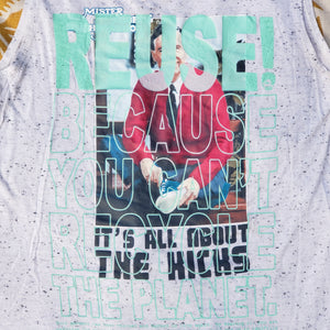 Eco friendly upcycled gray Mr. Rogers tank top that says Reuse Because You Can't Recycle The Planet.