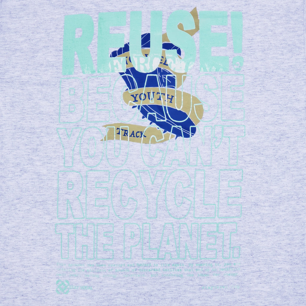 Eco friendly upcycled gray Norwell youth track T-Shirt that says Reuse Because You Can't Recycle The Planet.