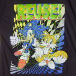 Eco friendly upcycled black Sonic The Hedgehog T-Shirt that says Reuse Because You Can't Recycle The Planet.