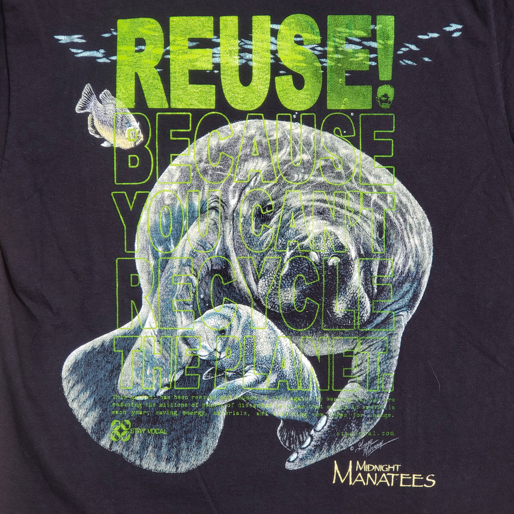 Eco friendly upcycled black vintage manatee T-Shirt that says Reuse Because You Can't Recycle The Planet.