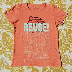 Eco friendly upcycled peach White Mountains NH T-Shirt that says Reuse Because You Can't Recycle The Planet.