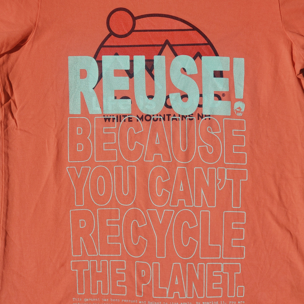 Eco friendly upcycled peach White Mountains NH T-Shirt that says Reuse Because You Can't Recycle The Planet.