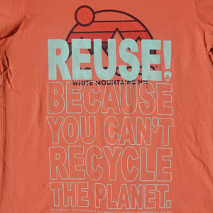 Eco friendly upcycled peach White Mountains NH T-Shirt that says Reuse Because You Can't Recycle The Planet.