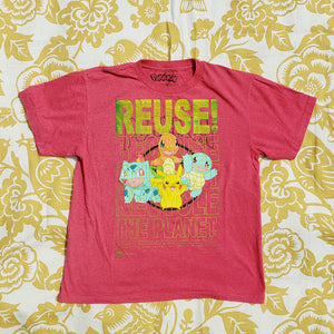 Eco friendly upcycled red Pokemon T-Shirt that says Reuse Because You Can't Recycle The Planet.