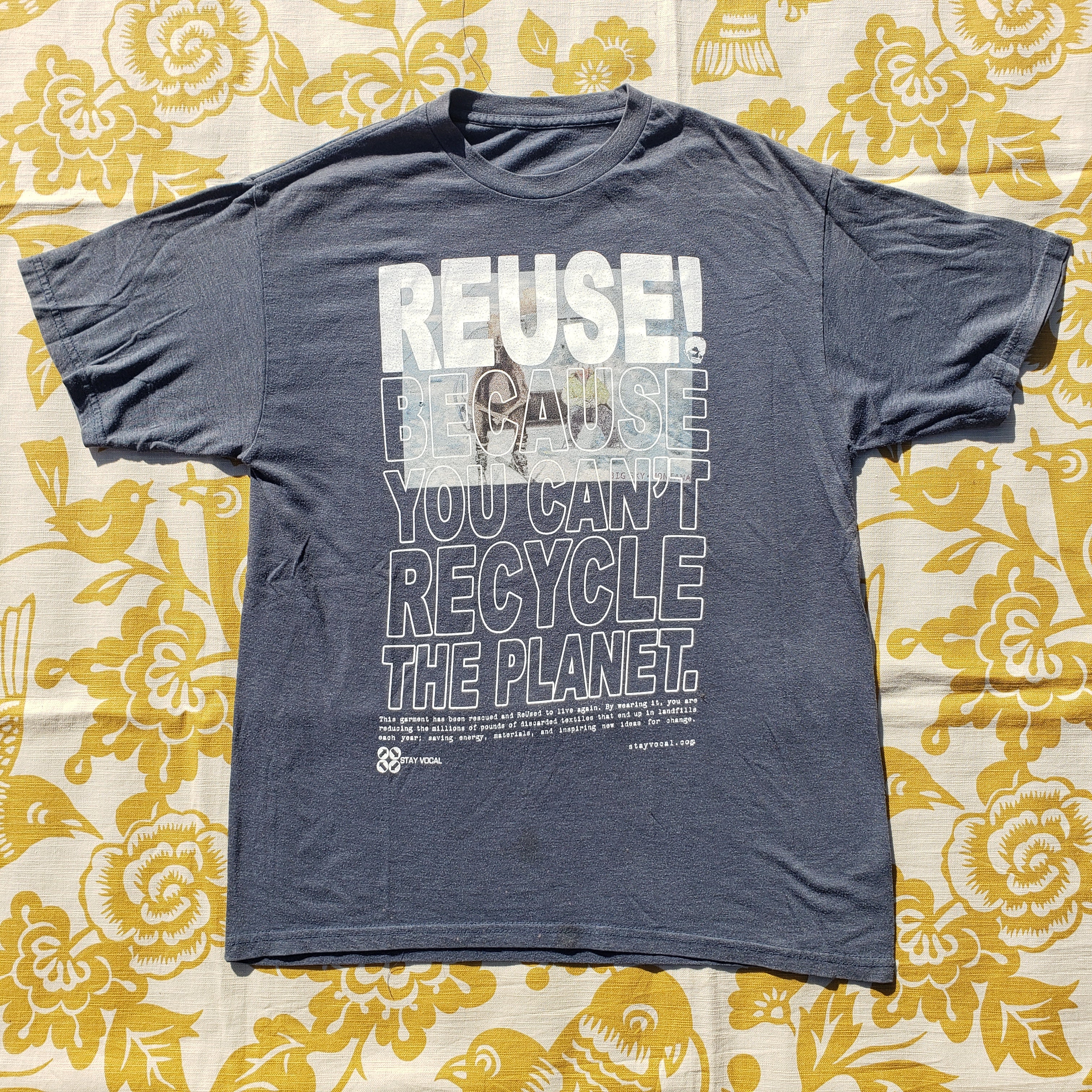 Eco friendly upcycled blue moose on a chairlift T-Shirt that says Reuse Because You Can't Recycle The Planet.