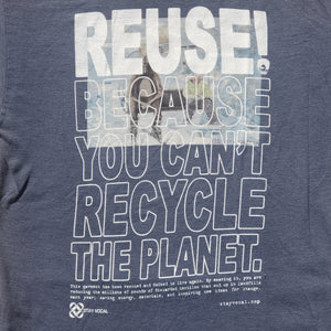 Eco friendly upcycled blue moose on a chairlift T-Shirt that says Reuse Because You Can't Recycle The Planet.