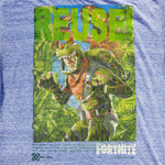 Eco friendly upcycled blue Fortnite Dinosaur T-Shirt that says Reuse Because You Can't Recycle The Planet.