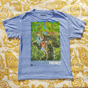 Eco friendly upcycled blue Fortnite Dinosaur T-Shirt that says Reuse Because You Can't Recycle The Planet.