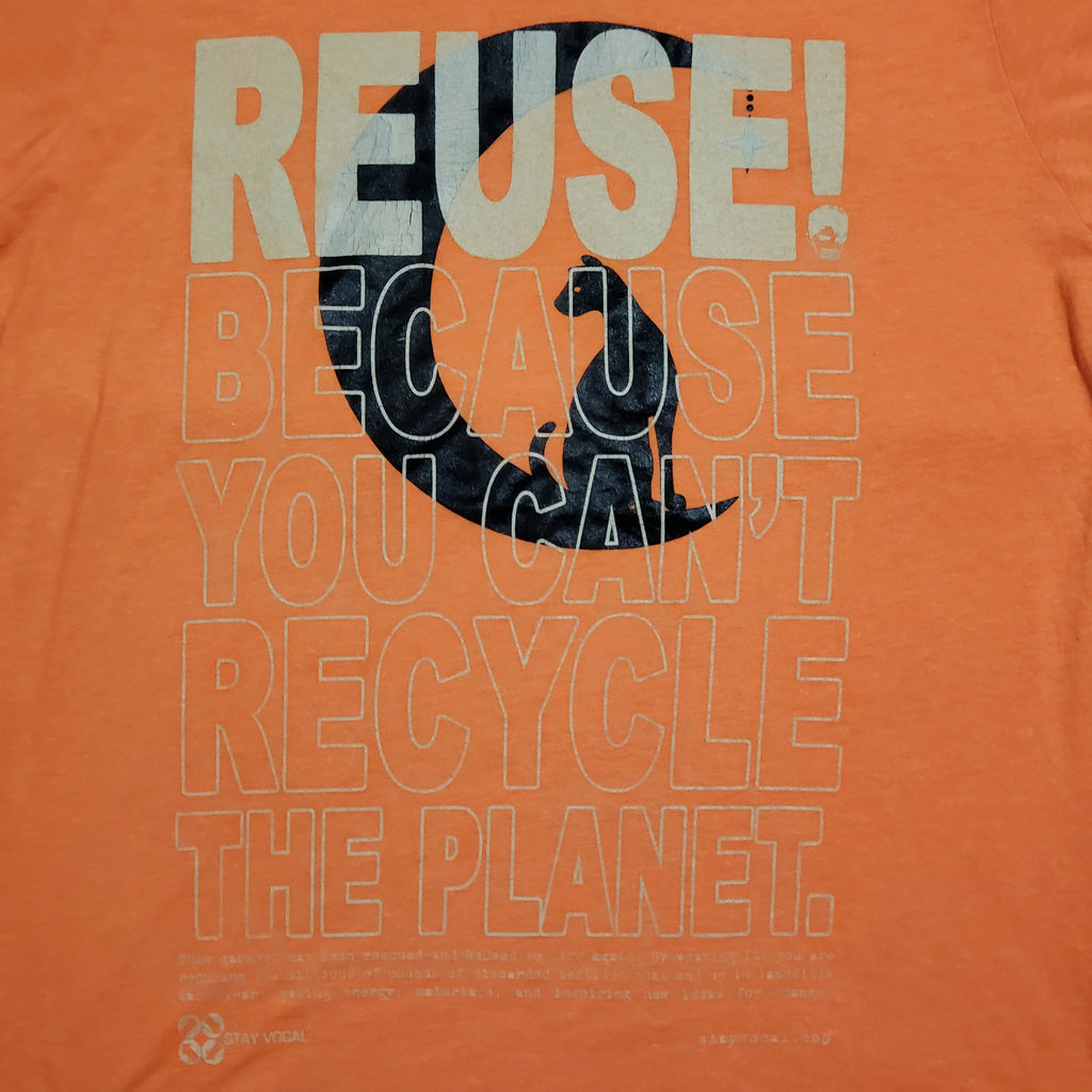 Eco friendly upcycled orange cat on the moon T-Shirt that says Reuse Because You Can't Recycle The Planet.