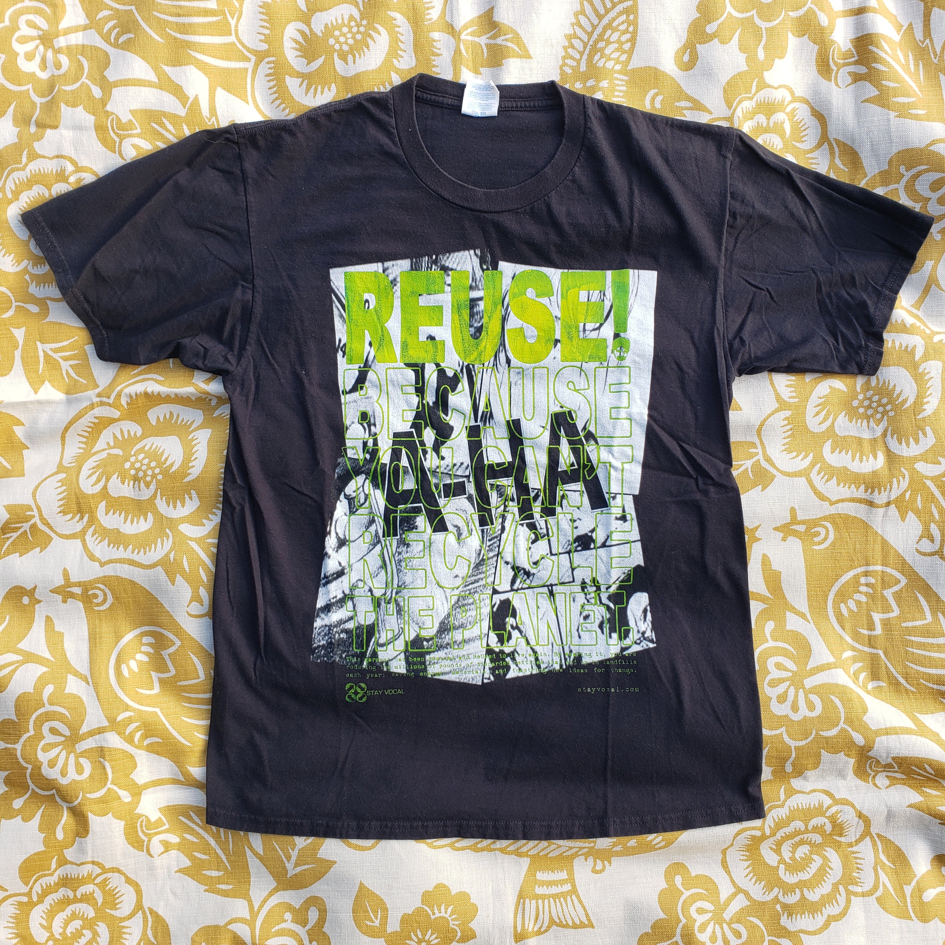 Eco friendly upcycled black A-Ha Take On Me T-Shirt that says Reuse Because You Can't Recycle The Planet.