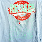 Eco friendly upcycled blue American Red Cross Blood Donor T-Shirt that says Reuse Because You Can't Recycle The Planet.