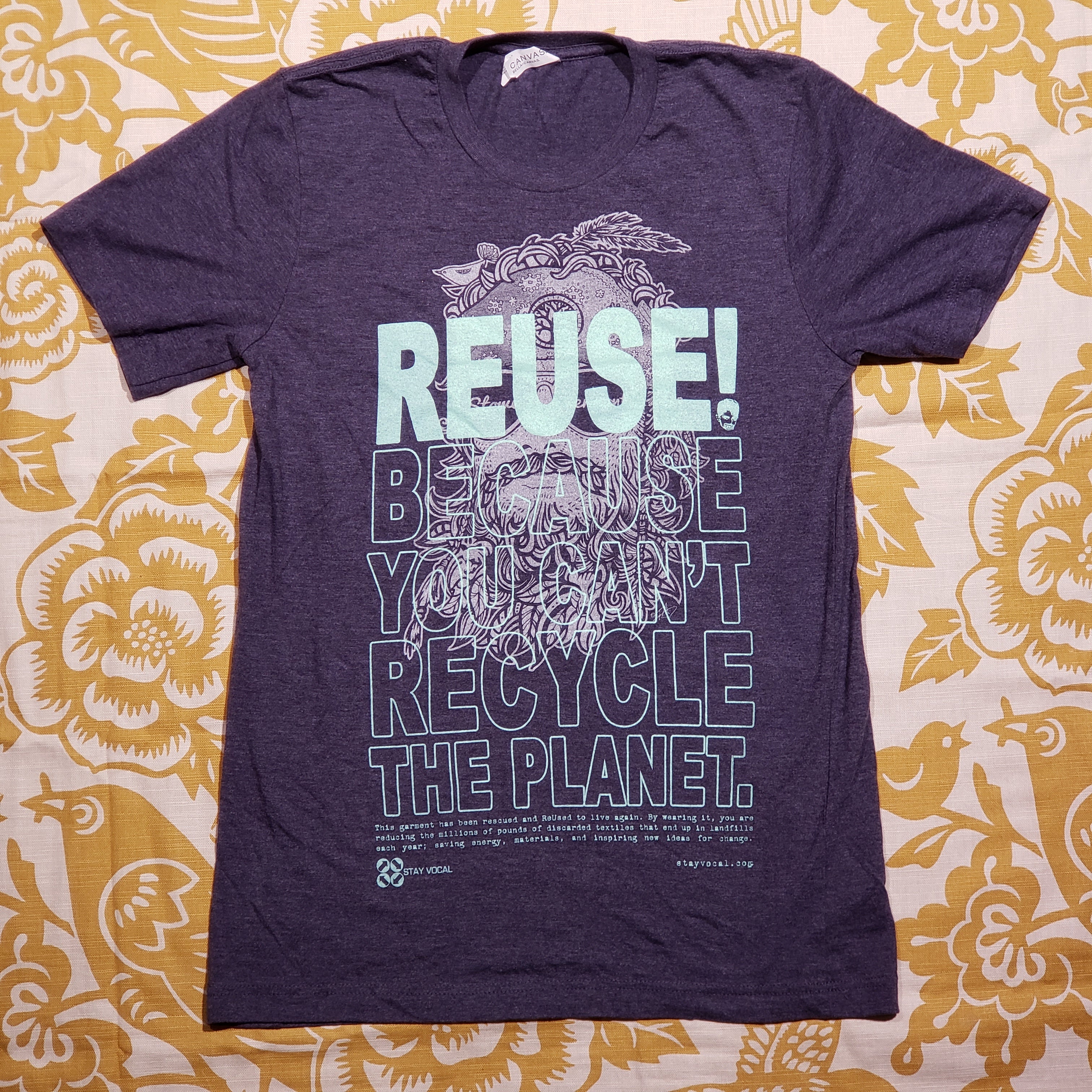 Eco friendly upcycled blue bearded man in sunglasses T-Shirt that says Reuse Because You Can't Recycle The Planet.