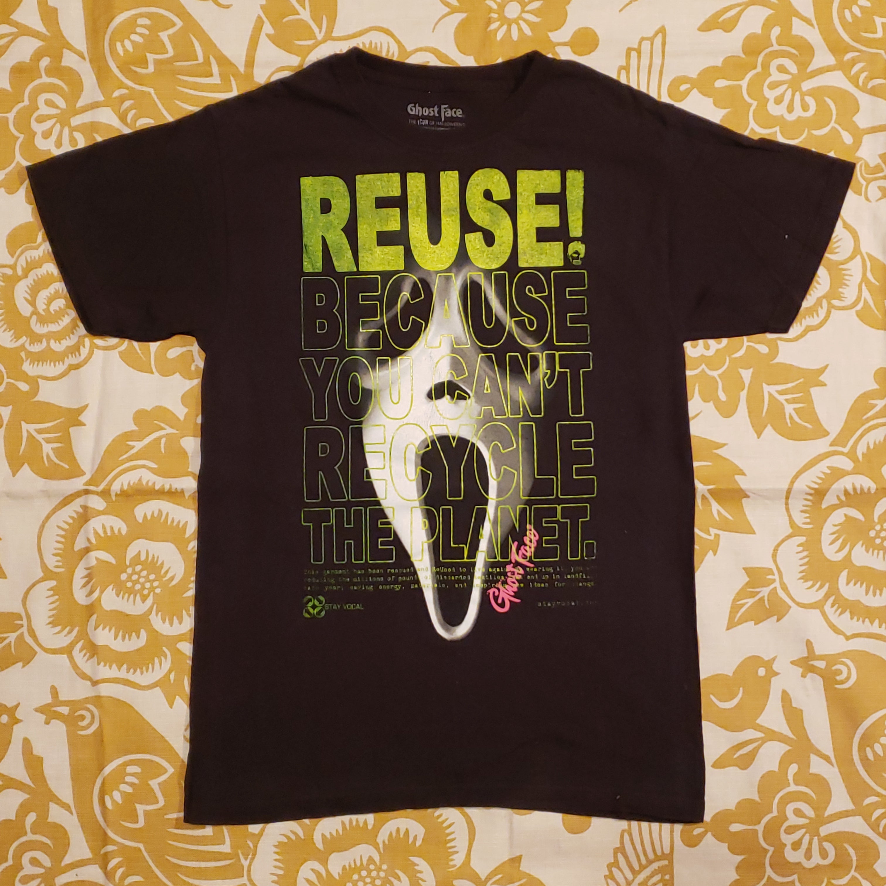 Eco friendly upcycled black Scream Ghost Face Mask T-Shirt that says Reuse Because You Can't Recycle The Planet.