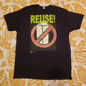 Eco friendly upcycled black Tofutti No Milk T-Shirt that says Reuse Because You Can't Recycle The Planet.