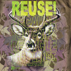 Eco friendly upcycled green deer buck T-Shirt that says Reuse Because You Can't Recycle The Planet.