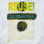 Eco friendly upcycled white Ed Sheeran Divide Tour T-Shirt that says Reuse Because You Can't Recycle The Planet.