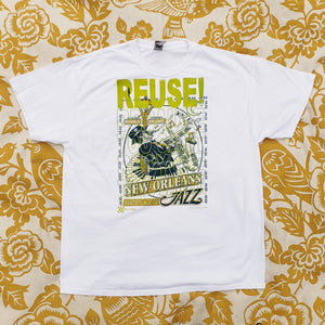 Eco friendly upcycled white New Orleans Jazz T-Shirt that says Reuse Because You Can't Recycle The Planet.