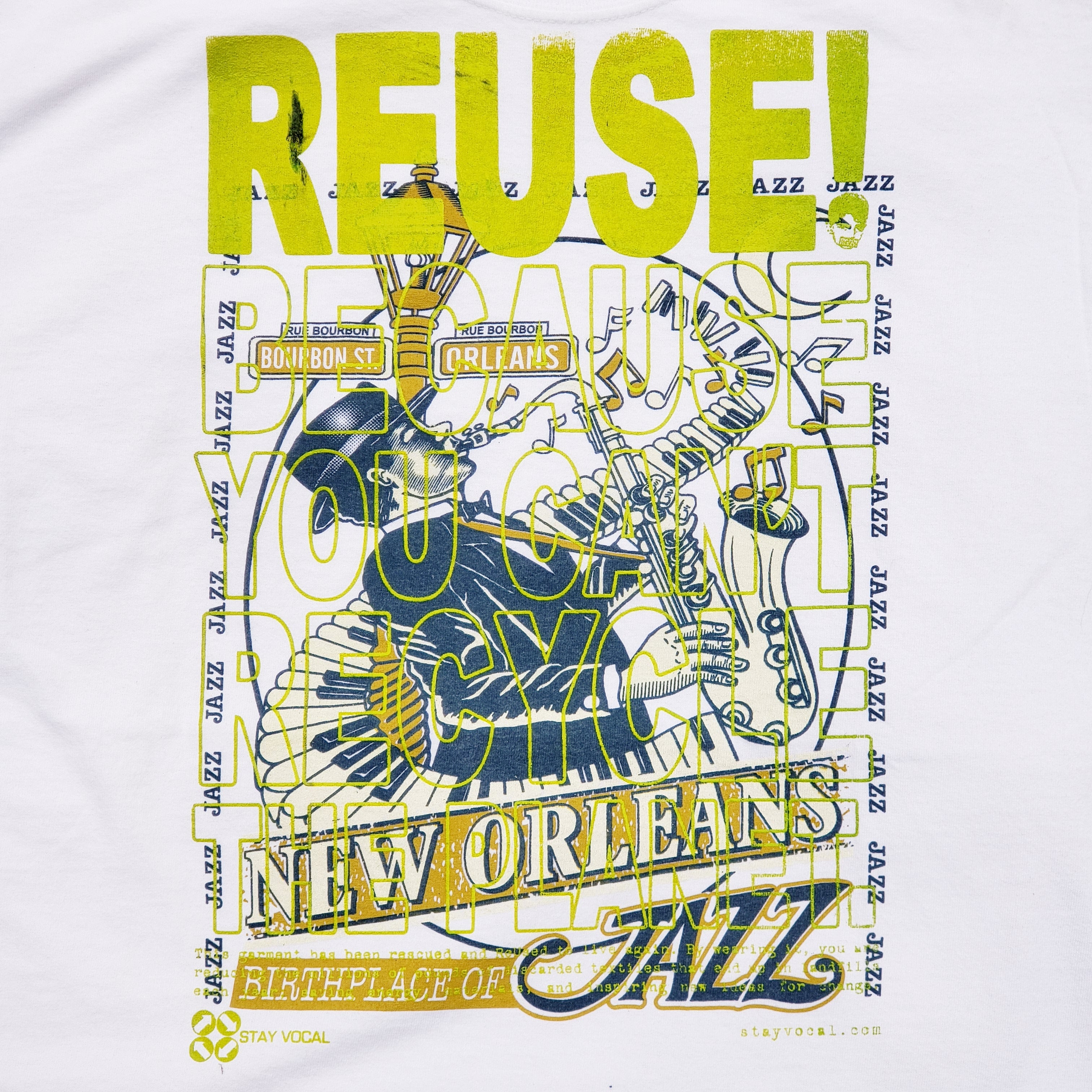 Eco friendly upcycled white New Orleans Jazz T-Shirt that says Reuse Because You Can't Recycle The Planet.