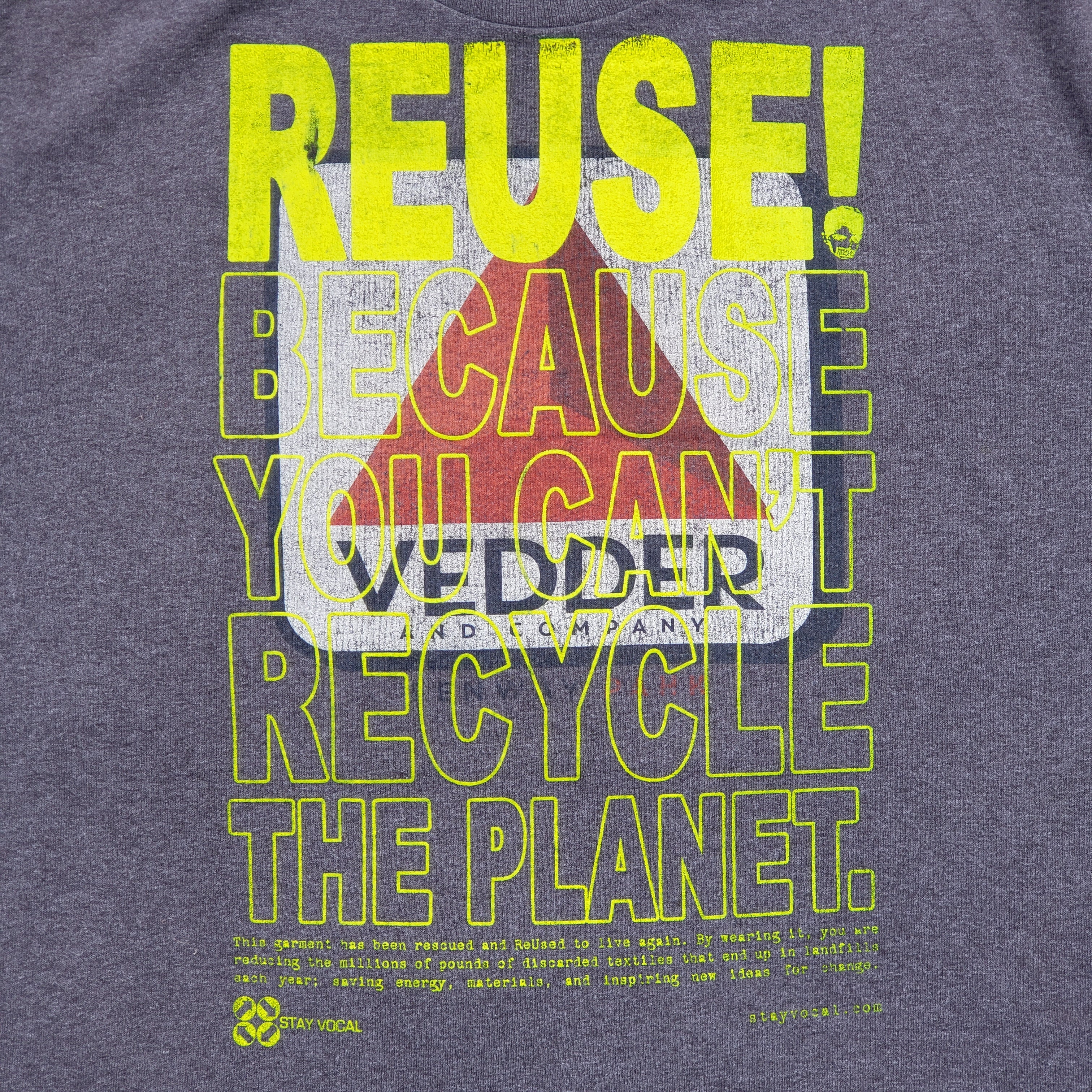 Eco friendly upcycled charcoal Eddie Vedder Fenway Park Citgo Sign T-Shirt that says Reuse Because You Can't Recycle The Planet.