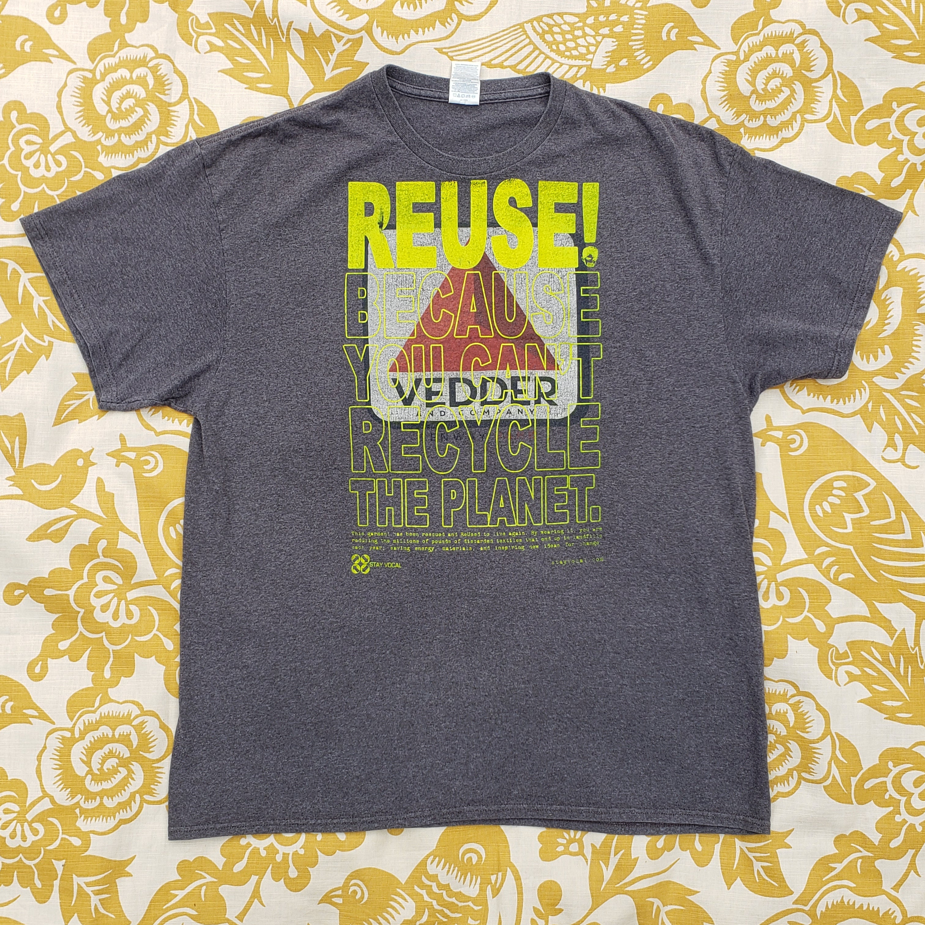 Eco friendly upcycled charcoal Eddie Vedder Fenway Park Citgo Sign T-Shirt that says Reuse Because You Can't Recycle The Planet.