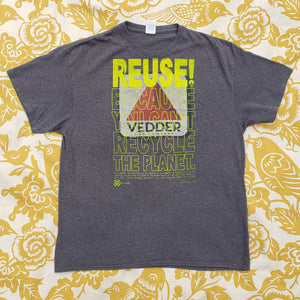 Eco friendly upcycled charcoal Eddie Vedder Fenway Park Citgo Sign T-Shirt that says Reuse Because You Can't Recycle The Planet.