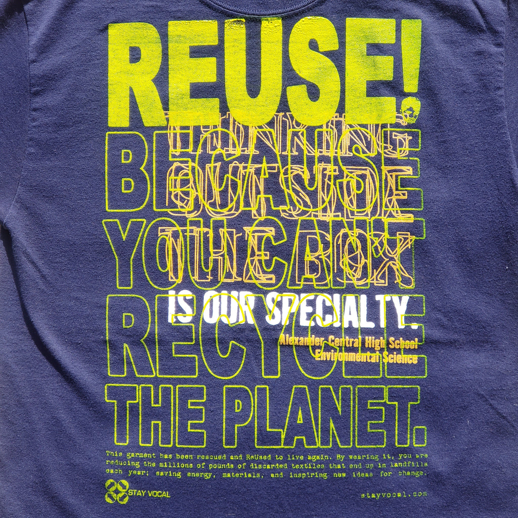 Eco friendly upcycled navy blue Alexander Central High School T-Shirt that says Reuse Because You Can't Recycle The Planet.