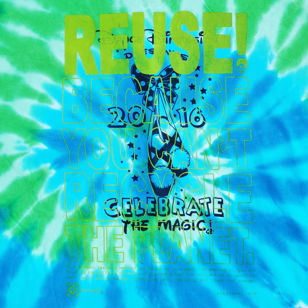 Eco friendly upcycled tie dye dancing shoes 2016 Celebrate The Magic T-Shirt that says Reuse Because You Can't Recycle The Planet.