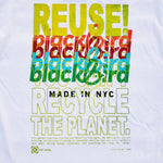 Eco friendly upcycled white Blackbird Long Sleeve T-Shirt that says Reuse Because You Can't Recycle The Planet.