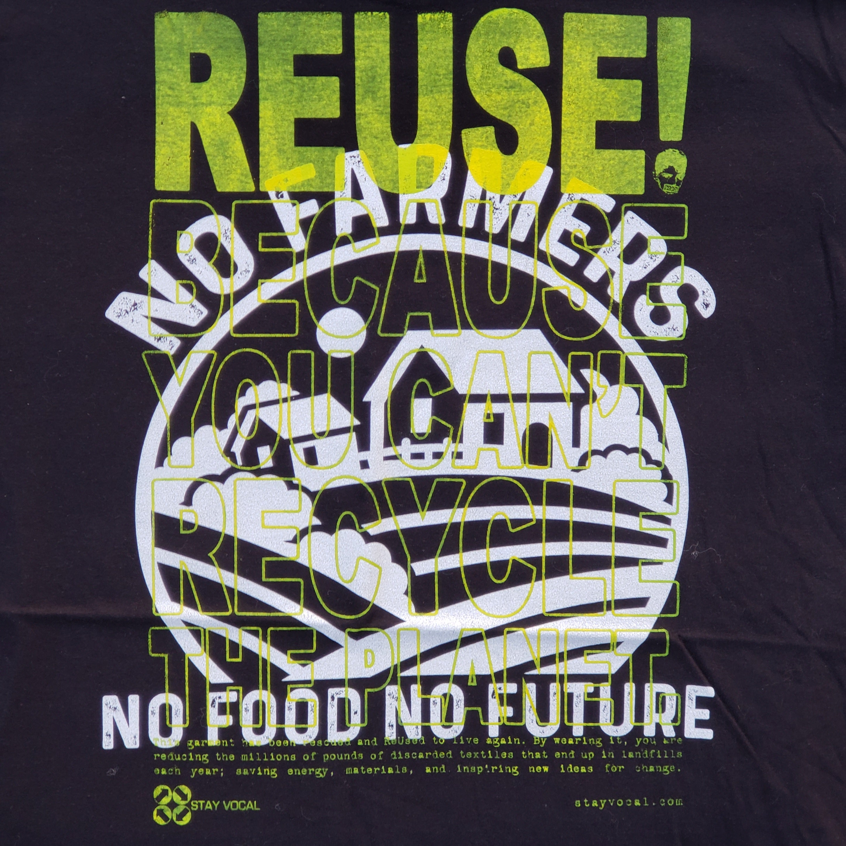 Eco friendly upcycled black No Farmers No Food No Future T-Shirt that says Reuse Because You Can't Recycle The Planet.