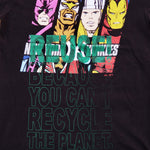 Eco friendly upcycled black New York Yankees Marvel Comics T-Shirt that says Reuse Because You Can't Recycle The Planet.