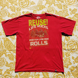 Eco friendly upcycled red Life Rocks When Your Living Room Rolls Bus T-Shirt that says Reuse Because You Can't Recycle The Planet.